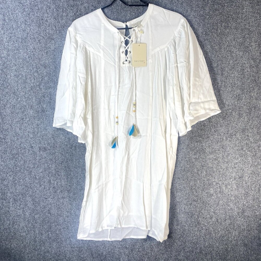 SEE U SOON Short Dress Sheath Ivory Feathers Tie Up Button Back Flowy Long Top